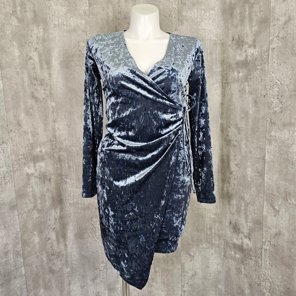 Lulus L Galiana Blue Grey Velvet Long Sleeve Wrap Mini Dress Cocktail Event